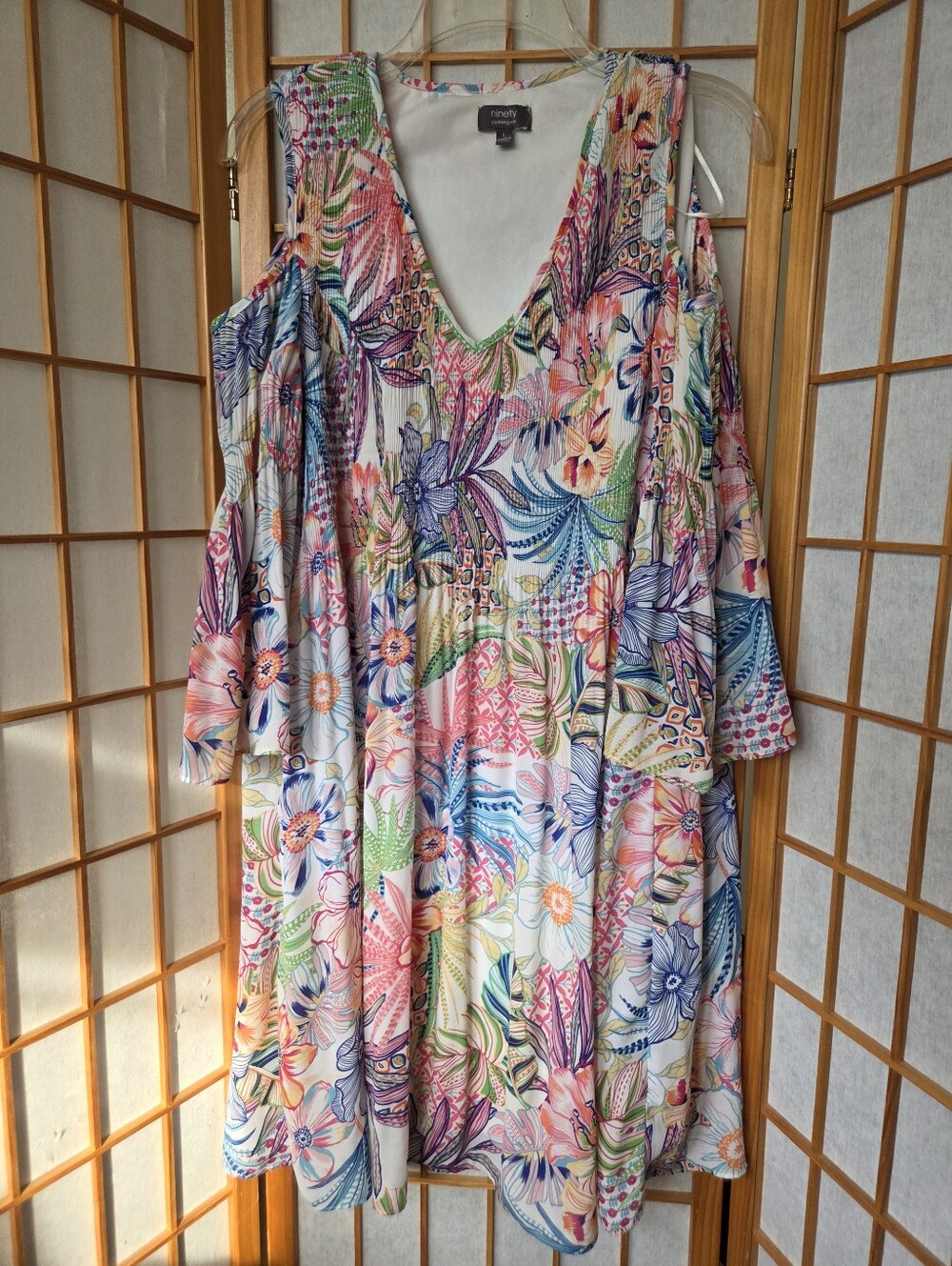NINETY CLOTHING CO BABYDOLL FLORAL POLYESTER OPEN SHOULDERS DRESS SIZE LARGE